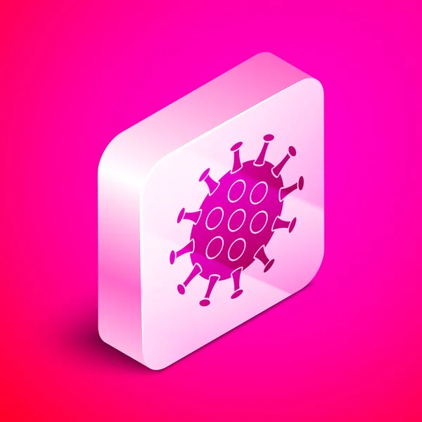 Isometriskt virus ikon isolerad på rosa bakgrund. Coronavirus 2019-nCoV. Bakterier och bakterier, cellcancer, mikrob, svampar. Silverfyrkantig knapp. Vektor Illustration — Stock vektor