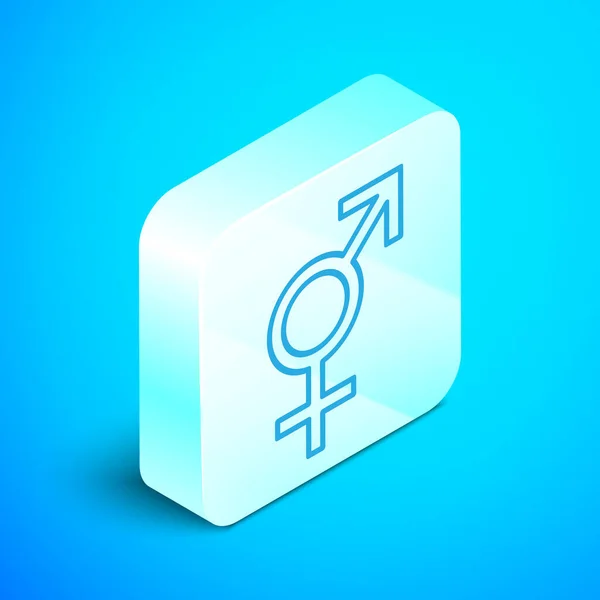 아이소메트릭 선 파란색 배경에서 격리된 성별 아이콘입니다. 남성과 여성의 상징. 섹스 기호입니다. 실버 스퀘어 버튼. 벡터 일러스트레이션 — 스톡 벡터