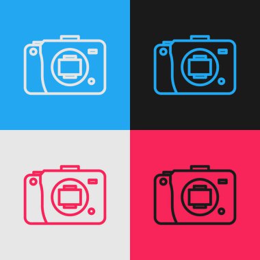 Pop sanat eseri aynasız kamera simgesi renk arkaplanında izole edildi. Fotoğraf makinesi simgesi. Vektör İllüstrasyonu