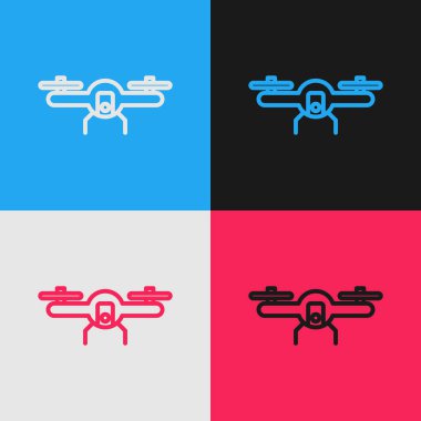 Pop sanat çizgisi İHA uçan ikonu renk arkaplanda izole edildi. Video ve fotoğraf makinesi sembollü dörtlü helikopter. Vektör İllüstrasyonu
