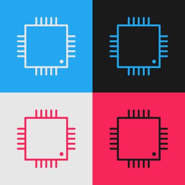 Mikro devreli pop sanat hattı Bilgisayar işlemcisi renk arkaplanında izole edilmiş işlemci simgesi. Devre kartı işaretli çip ya da işlemci. Mikro işlemci. Vektör İllüstrasyonu