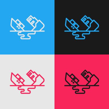 Popüler sanat eseri enkaz halindeki petrol tankeri ikonu renk arkaplanında izole edildi. Petrol sızıntısı kazası. Çarpışma tankeri. Çevre kirliliği kavramı. Vektör İllüstrasyonu