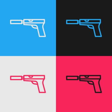 Pop Art Line Pistol ya da susturucu ikonlu silah renkli arkaplanda izole edilmiş. Vektör İllüstrasyonu