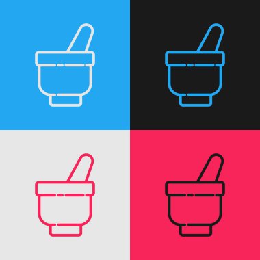 Pop sanat çizgisi Sihirli havan topu ve tokmak simgesi renk arkaplanında izole. Vektör İllüstrasyonu