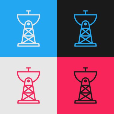 Pop sanat çizgisi uydu anten simgesi renk arkaplanında izole edildi. Radyo anten, astronomi ve uzay araştırması. Vektör İllüstrasyonu