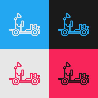 Pop sanat çizgisi Mars gezgini simgesi renk arkaplanında izole edildi. Uzay aracı. Ay yürüyüşü işareti. Gezegen yüzeyini incelemek için bir cihaz. Vektör İllüstrasyonu