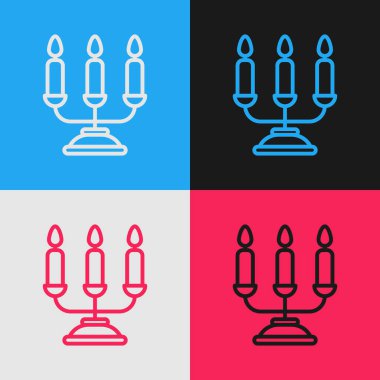 Pop sanat serisi Candelabrum. Renkli arka planda üç şamdan simgesi var. Vektör İllüstrasyonu