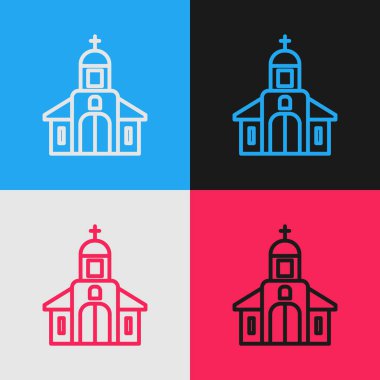 Popüler sanat çizgisi kilise binası ikonu renk arkaplanında izole edilmiş. Hıristiyan Kilisesi. Kilisenin dini. Vektör İllüstrasyonu