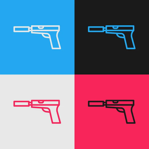Pop Art Line Pistole Nebo Pistole Ikonou Tlumiče Izolované Barevném — Stockový vektor