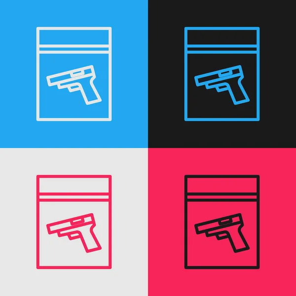 Pop Art Line Evidence Bag Pistol Gun Icon Isolated Color — Stock Vector