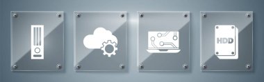 Sabit disk sürücüsü HDD, Laptop, Bulut teknolojisi veri transferi ve depolama ve video oyun konsolunu ayarla. Kare cam paneller. Vektör