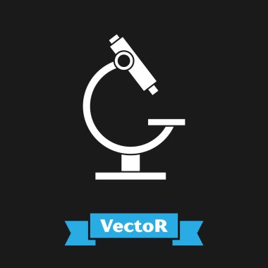 Siyah arkaplanda beyaz mikroskop simgesi izole edildi. Kimya, ilaç aleti, mikrobiyoloji büyütme aracı. Vektör İllüstrasyonu