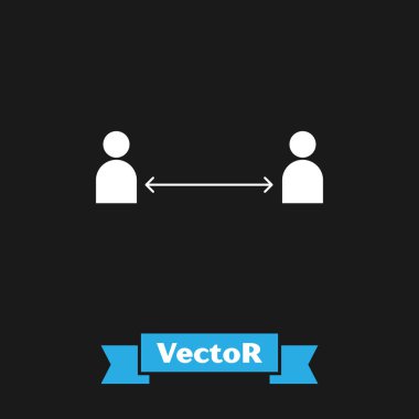 Siyah arkaplanda beyaz güvenli mesafe simgesi izole edildi. Virüsler ve insanlar enfeksiyon riski için mesafeyi koruyorlar. Vektör İllüstrasyonu