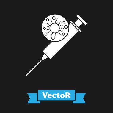 Siyah arka planda beyaz şırınga ve virüs ikonu var. Aşı için şırınga, aşı, iğne, grip aşısı. Tıbbi ekipman. Vektör İllüstrasyonu