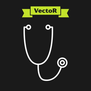 Beyaz çizgi steteskop tıbbi alet simgesi siyah arka planda izole edildi. Vektör İllüstrasyonu