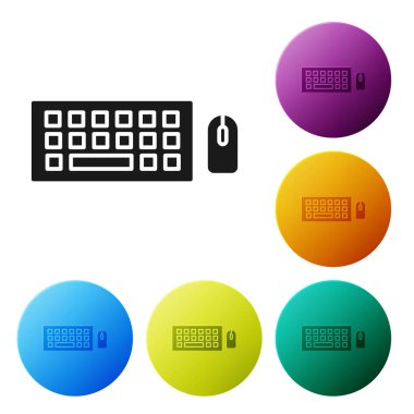 Siyah Bilgisayar klavyesi ve fare simgesi beyaz arkaplanda izole edildi. Bilgisayar bileşeni işareti. Simgeleri renk daire düğmelerine ayarla. Vektör İllüstrasyonu