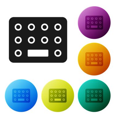 Siyah haplar beyaz arka planda izole edilmiş. İlaç paketi. Tablet, vitamin, antibiyotik, aspirin. Simgeleri renk daire düğmelerine ayarla. Vektör İllüstrasyonu