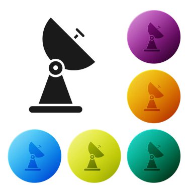 Siyah Radar simgesi beyaz arkaplanda izole edildi. Arama sistemi. Uydu sinyali. Simgeleri renk daire düğmelerine ayarla. Vektör İllüstrasyonu