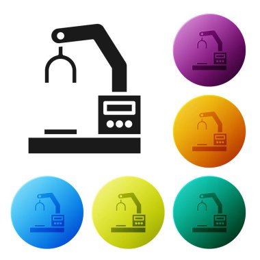 Siyah Endüstriyel Robot Robot Kol Fabrikası ikonu beyaz arka planda izole edildi. Endüstriyel robot manipülatörü. Simgeleri renk daire düğmelerine ayarla. Vektör İllüstrasyonu