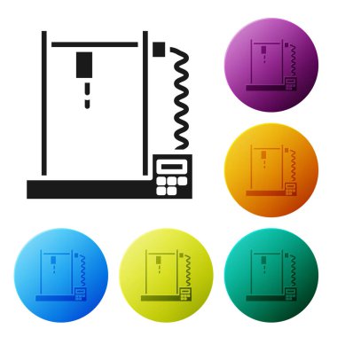 Siyah 3D yazıcı simgesi beyaz arkaplanda izole edildi. Simgeleri renk daire düğmelerine ayarla. Vektör İllüstrasyonu