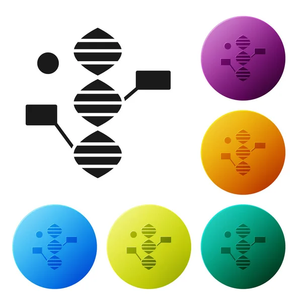白の背景に隔離された黒のDNAシンボルアイコン。カラーサークルボタンにアイコンを設定します。ベクターイラスト — ストックベクタ