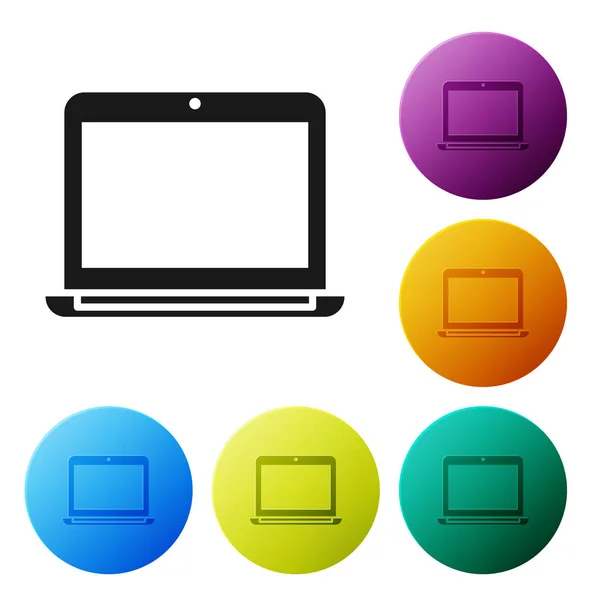 Schwarzes Laptop-Symbol isoliert auf weißem Hintergrund. Computer-Notizbuch mit leerem Bildschirm. Setzen Sie Symbole in farbigen Kreis-Tasten. Vektorillustration — Stockvektor