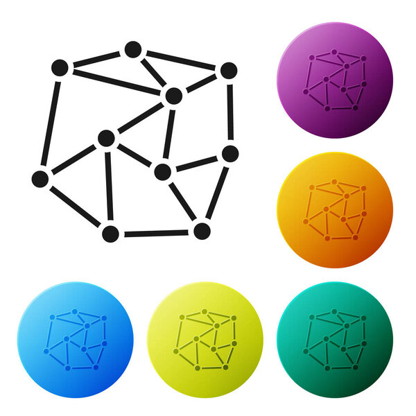 Черный значок нейронной сети изолирован на белом фоне. Искусственный интеллект. Установите пуговицы в цветной круг. Векторная миграция
