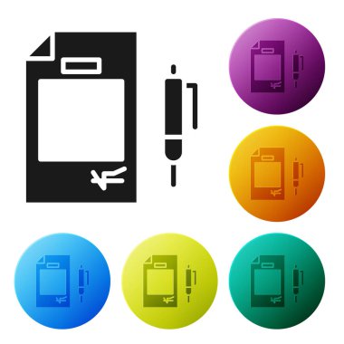 Siyah Sözleşme parası ve kalem simgesi beyaz arka planda izole edildi. Bankacılık belgeleri dolar finans para sayfası. Simgeleri renk daire düğmelerine ayarla. Vektör İllüstrasyonu