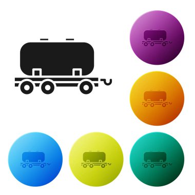 Siyah Petrol Sarnıç simgesi beyaz arka planda izole edildi. Tren vagonundaki petrol tankı. Demiryolu nakliyesi. Petrol endüstrisi. Simgeleri renk daire düğmelerine ayarla. Vektör İllüstrasyonu