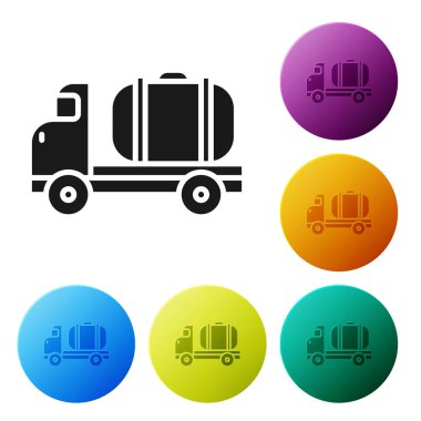 Siyah Tanker ikonu beyaz arka planda izole edildi. Petrol tankeri, petrol kamyonu, sarnıç, petrol karavanı. Simgeleri renk daire düğmelerine ayarla. Vektör İllüstrasyonu