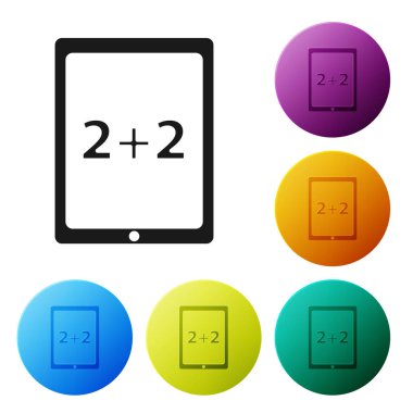 Hesap makinesi simgesine sahip siyah tablet beyaz arkaplanda izole edildi. Muhasebe sembolü. İş hesaplamaları matematik eğitimi. Simgeleri renk daire düğmelerine ayarla. Vektör İllüstrasyonu