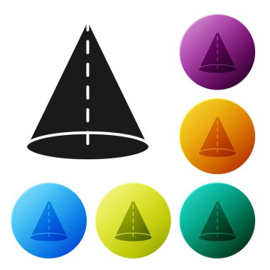 Siyah Geometrik şekil koni simgesi beyaz arkaplanda izole edildi. Soyut şekil. Geometrik süs. Simgeleri renk daire düğmelerine ayarla. Vektör İllüstrasyonu