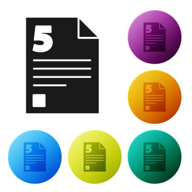 Siyah Test veya sınav kağıdı simgesi beyaz arkaplanda izole edildi. Sınav kağıdı, sınav ya da araştırma konsepti. Simgeleri renk daire düğmelerine ayarla. Vektör İllüstrasyonu