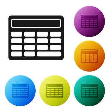 Siyah Hesap Makinesi simgesi beyaz arkaplanda izole edildi. Muhasebe sembolü. İş hesaplamaları matematik eğitimi ve finans. Simgeleri renk daire düğmelerine ayarla. Vektör İllüstrasyonu