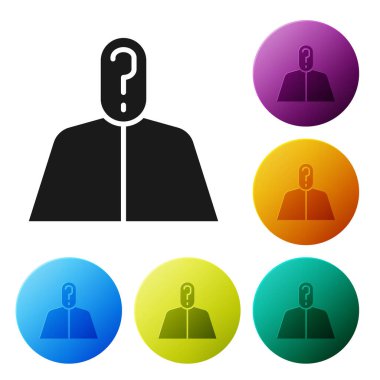 Beyaz arka planda soru işareti simgesi olan siyah isimsiz bir adam izole edildi. Bilinmeyen kullanıcı, gizli kimlik profili, iş gizliliği, bilinmezlik. Simgeleri renk daire düğmelerine ayarla. Vektör İllüstrasyonu