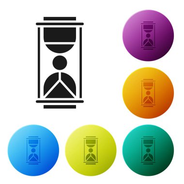 Beyaz arka planda siyah kum ikonu olan eski kum saati. Kum saati işareti. İş ve zaman yönetimi kavramı. Simgeleri renk daire düğmelerine ayarla. Vektör İllüstrasyonu