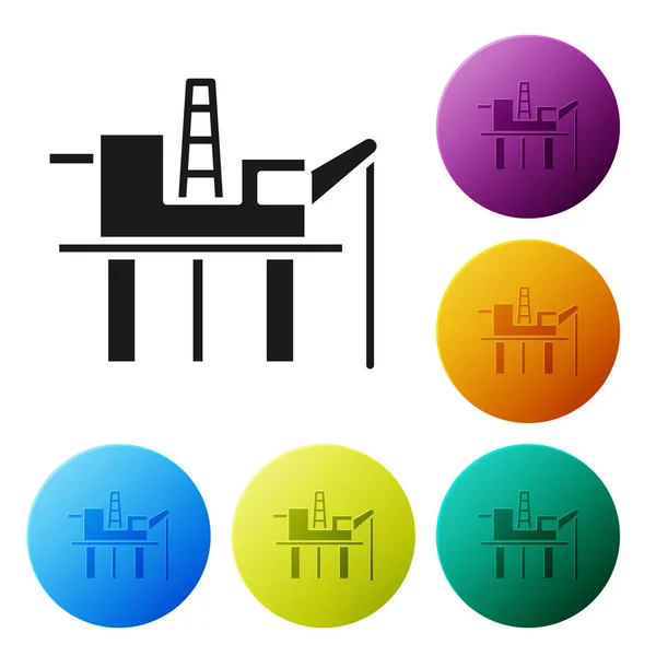 Platforma Black Oil w ikonie morza izolowane na białym tle. Platforma wiertnicza na morzu. Platforma wiertnicza, paliwo gazowe, przemysł offshore. Ustaw ikony w kolorach przycisków okręgu. Ilustracja wektora — Wektor stockowy
