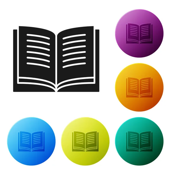Ícone de livro preto aberto isolado no fundo branco. Definir ícones em botões de círculo de cores. Ilustração vetorial — Vetor de Stock