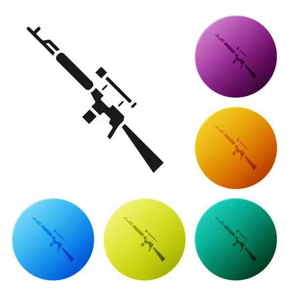 Black Sniper rifle com ícone de escopo isolado no fundo branco. Definir ícones em botões de círculo de cores. Ilustração vetorial —  Vetores de Stock