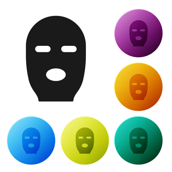 Черный вор маска значок изолирован на белом фоне. Маска бандита, преступник. Установите пуговицы в цветной круг. Векторная миграция
