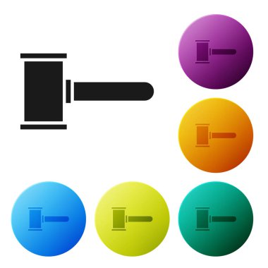 Siyah Yargıç Tokmak simgesi beyaz arka planda izole edildi. Gavel cezaların, faturaların, mahkemenin, adaletin hükmünü verecek. Açık arttırma çekici. Simgeleri renk daire düğmelerine ayarla. Vektör İllüstrasyonu