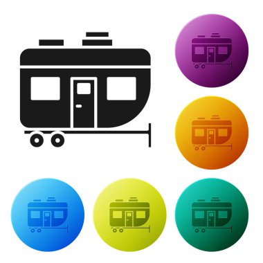 Siyah Rv Kamp karavanı simgesi beyaz arkaplanda izole edildi. Gezici ev, karavan, yolculuk için ev karavanı. Simgeleri renk daire düğmelerine ayarla. Vektör İllüstrasyonu