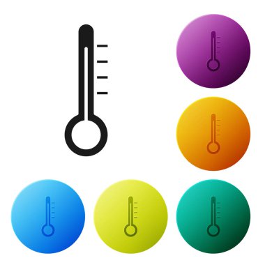 Siyah Meteoroloji termometresi beyaz zeminde izole edilmiş ikonu ölçüyor. Termometre termometresi sıcak ya da soğuk hava gösteriyor. Simgeleri renk daire düğmelerine ayarla. Vektör İllüstrasyonu