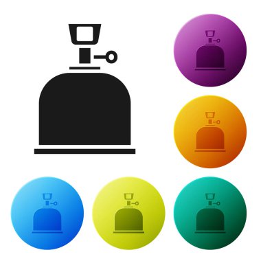 Siyah Kamp gaz sobası ikonu beyaz arka planda izole edilmiş. Taşınabilir gaz ocağı. Yürüyüş, kamp malzemeleri. Simgeleri renk daire düğmelerine ayarla. Vektör İllüstrasyonu