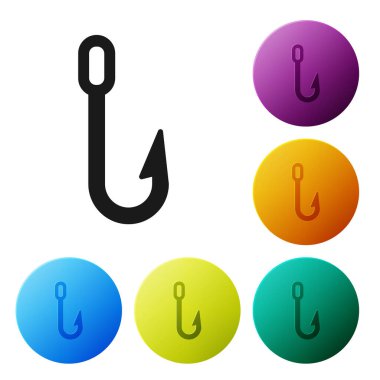 Siyah Balık kancası simgesi beyaz arkaplanda izole edildi. Balık oltası. Simgeleri renk daire düğmelerine ayarla. Vektör İllüstrasyonu