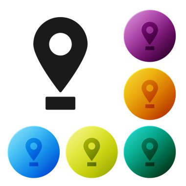 Siyah Harita iğne simgesi beyaz arkaplanda izole edildi. Navigasyon, işaret, konum, harita, GPS, yön, yer, pusula, arama konsepti. Simgeleri renk daire düğmelerine ayarla. Vektör İllüstrasyonu