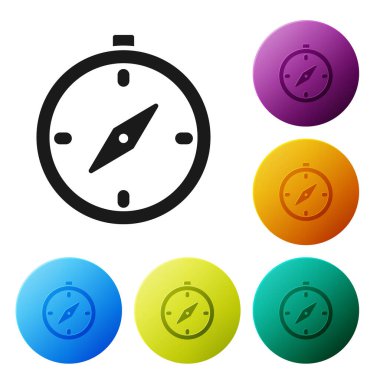 Siyah Pusula simgesi beyaz arkaplanda izole edildi. Rüzgâr yön bulma sembolü. Rüzgar gül işareti. Simgeleri renk daire düğmelerine ayarla. Vektör İllüstrasyonu