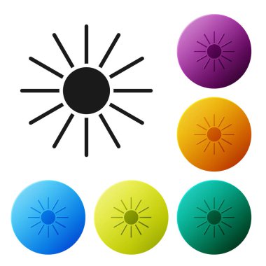 Siyah Güneş simgesi beyaz arkaplanda izole edildi. Yaz sembolü. Güneşli bir gün. Simgeleri renk daire düğmelerine ayarla. Vektör İllüstrasyonu