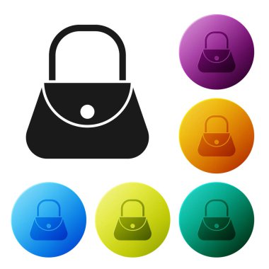 Beyaz arkaplanda siyah çanta simgesi izole edildi. Kadın el çantası işareti. Glamour günlük bagaj sembolü. Simgeleri renk daire düğmelerine ayarla. Vektör İllüstrasyonu