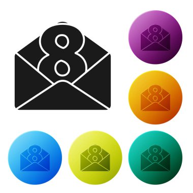 Beyaz zemin üzerinde 8 Mart simgesi bulunan Siyah Zarf. Mesaj aşkım. Aşk ve romantizm mektubu. Uluslararası Mutlu Kadınlar Günü. Simgeleri renk daire düğmelerine ayarla. Vektör İllüstrasyonu